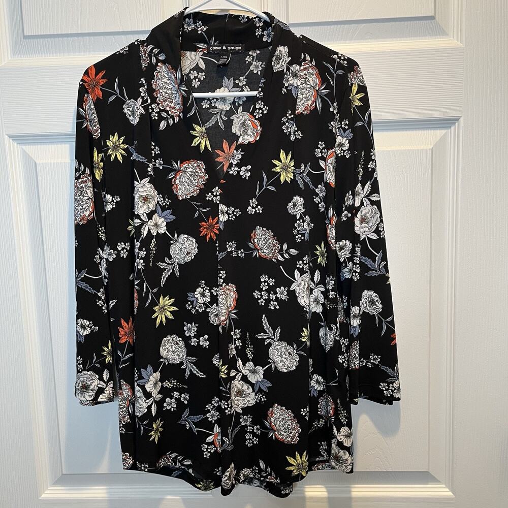 Cable & Gauge Womens Large Multicolor Floral Print V-Neck 3/4 Sleeves Top Egypt